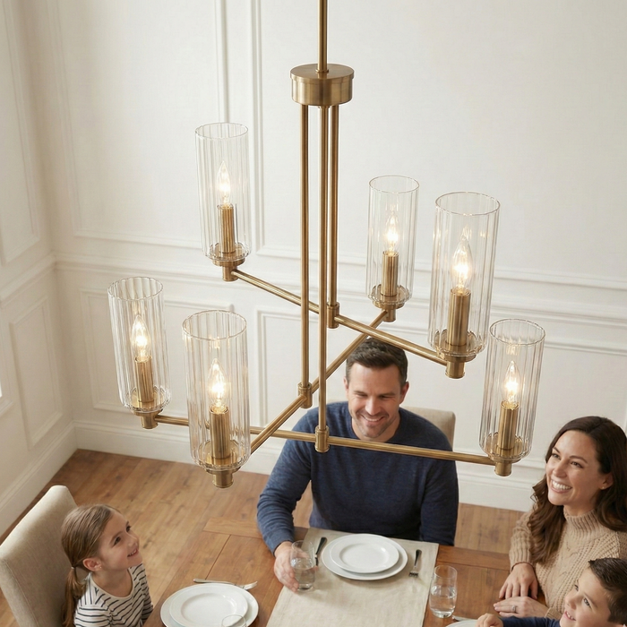 Timeless Six Lights Chandelier | Satin Brass & Clear Ribbed Glass