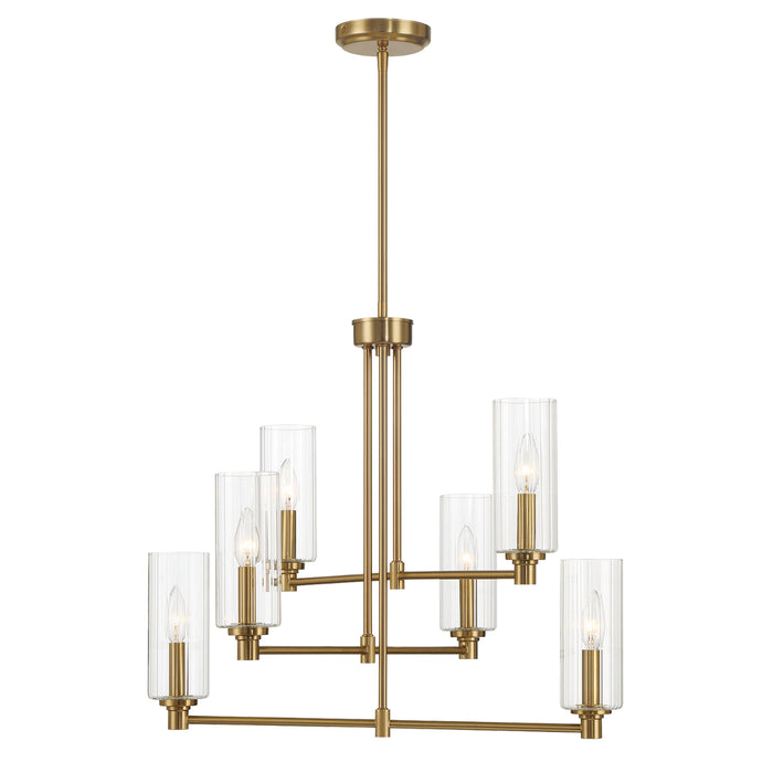 Timeless Six Lights Chandelier | Satin Brass & Clear Ribbed Glass