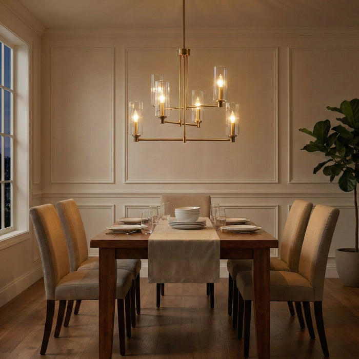 Timeless Six Lights Chandelier | Satin Brass & Clear Ribbed Glass