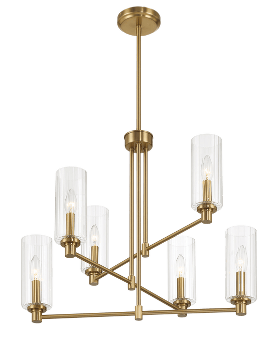 Timeless Six Lights Chandelier With Clear Ribbed Glass - Satin Brass - West Lamp