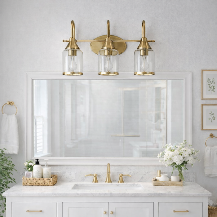 Twilight Vanity Light | Brushed Gold & Three-Light Clear Glass Design