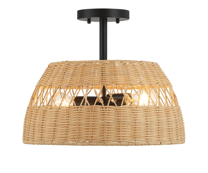 Twinkle Double Lights Semi Flush With Rattan Shade Black Metal Finish for Farmhouse Style - West Lamp