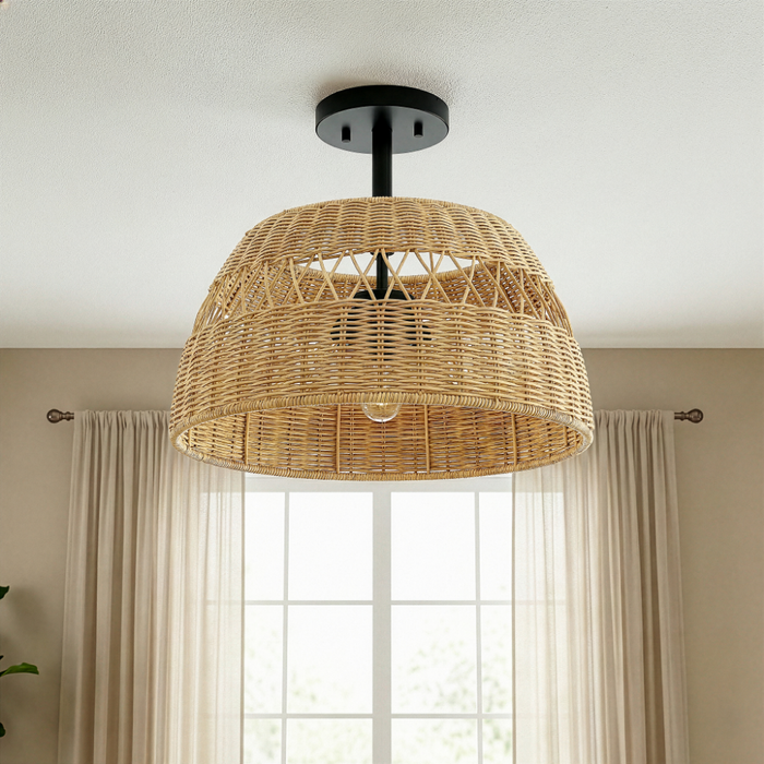 Twinkle 2-Light Rattan Semi-Flush Mount | Black Metal & Woven Farmhouse Ceiling Light
