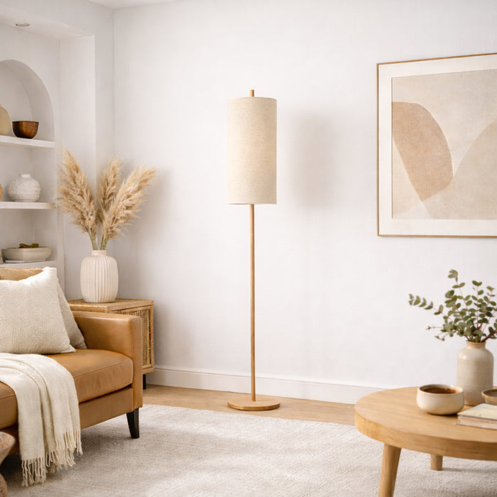 Vialux Floor Lamp | Natural Oak & Tall Woven Fabric Shade