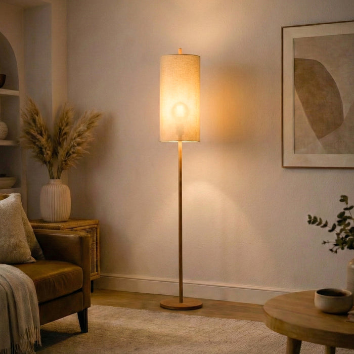 Vialux Floor Lamp | Natural Oak & Tall Woven Fabric Shade