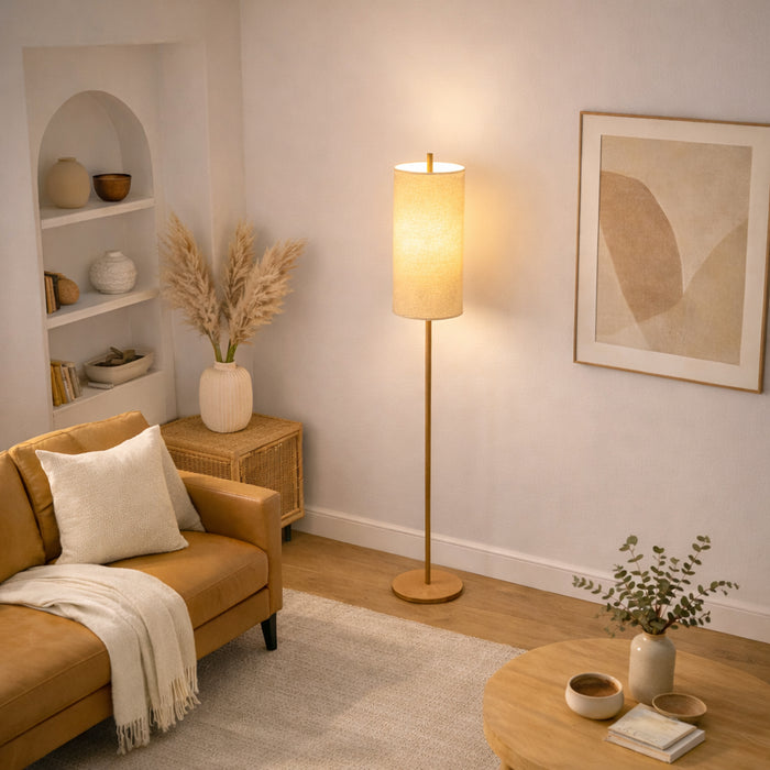 Vialux Floor Lamp | Natural Oak & Tall Woven Fabric Shade