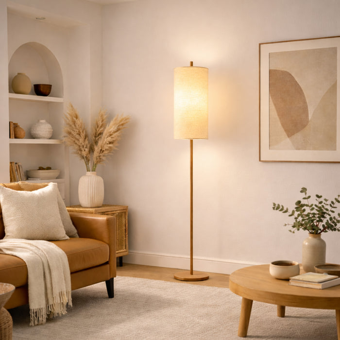 Vialux Floor Lamp | Natural Oak & Tall Woven Fabric Shade