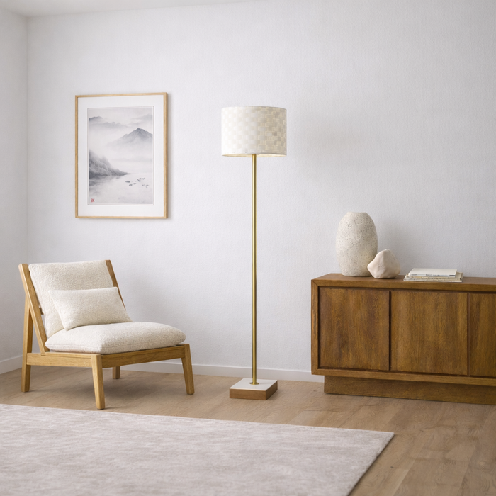 Viora Floor Lamp | Marble & Wood Base with Woven Shade
