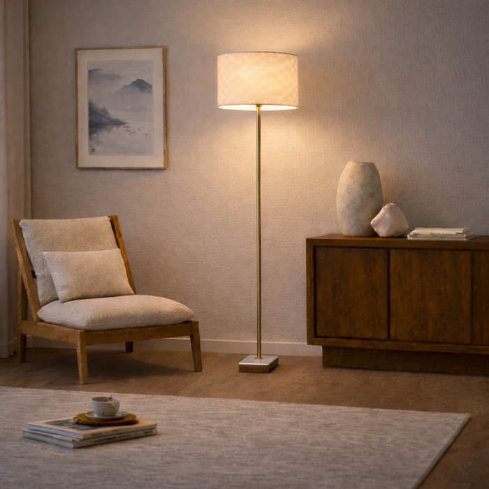 Viora Floor Lamp | Marble & Wood Base with Woven Shade