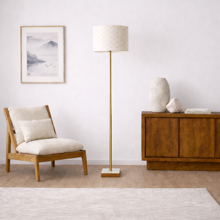 Viora Floor Lamp | Marble & Wood Base with Woven Shade