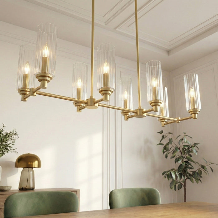 Willow Eight Lights Island Pendant | Satin Brass & Clear Ribbed Glass