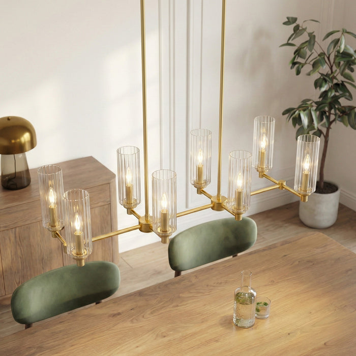Willow Eight Lights Island Pendant | Satin Brass & Clear Ribbed Glass